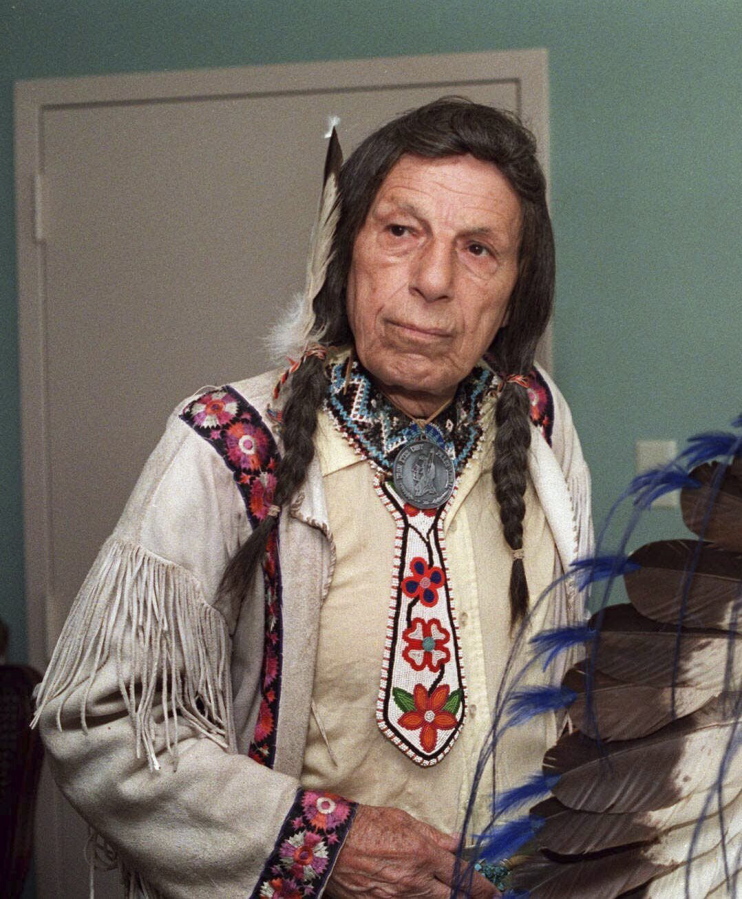 FILE - Iron Eyes Cody, the ''Crying Indian'' whose tearful face in 1970s TV commercials became a powerful symbol of the anti-littering campaign, is pictured in this 1986 photo. Keep America Beautiful, the nonprofit that originally commissioned the advertisement, announced Thursday, Feb. 23, 2023, that ownership of the ad's rights will be transferred to the National Congress of American Indians.