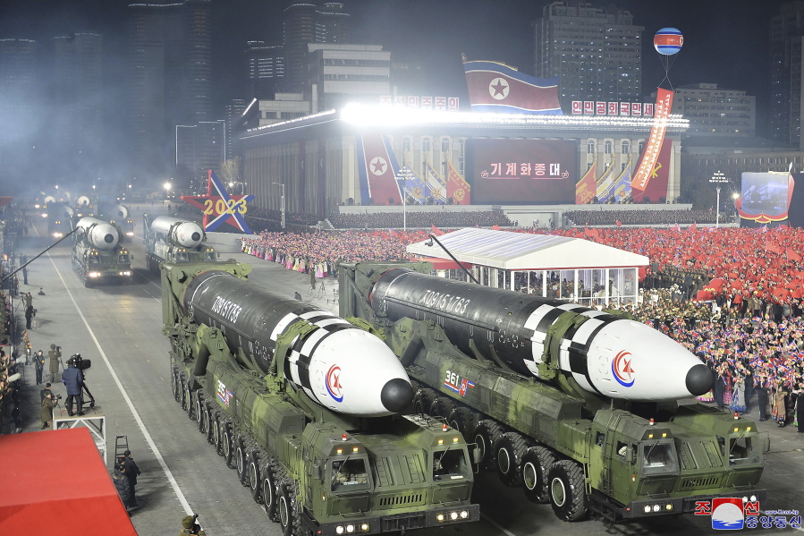 FILE - This photo provided by the North Korean government, shows what it says is Hwasong-17 intercontinental ballistic missiles during a military parade to mark the 75th founding anniversary of the Korean People's Army on Kim Il Sung Square in Pyongyang, North Korea, Wednesday, Feb. 8, 2023. Independent journalists were not given access to cover the event depicted in this image distributed by the North Korean government. The content of this image is as provided and cannot be independently verified. Korean language watermark on image as provided by source reads: "KCNA" which is the abbreviation for Korean Central News Agency.