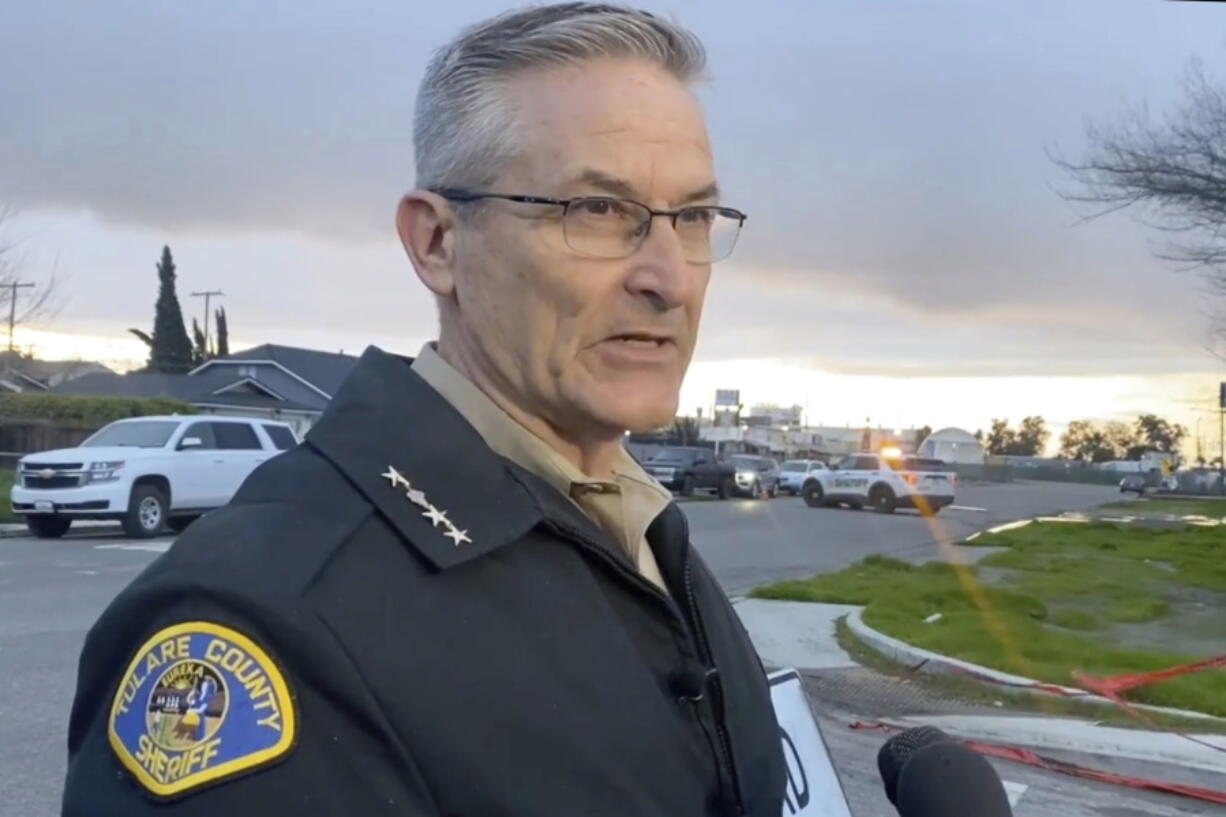 FILE - In this frame grab from video provided by the Tulare Count Sheriff's Office, Sheriff Mike Boudreaux speaks to the media near the scene of a fatal shooting in Visalia, Calif., on Jan. 16, 2023. Boudreaux said Friday, Feb.