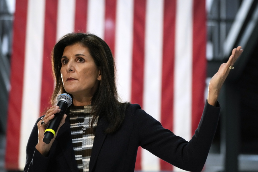FILE - Republican presidential candidate Nikki Haley speaks to voters at a town hall campaign event, Monday, Feb. 20, 2023, in Urbandale, Iowa. On Friday, Feb 24, The Associated Press reported on stories circulating online incorrectly claiming Haley "changed" her name for political reasons.