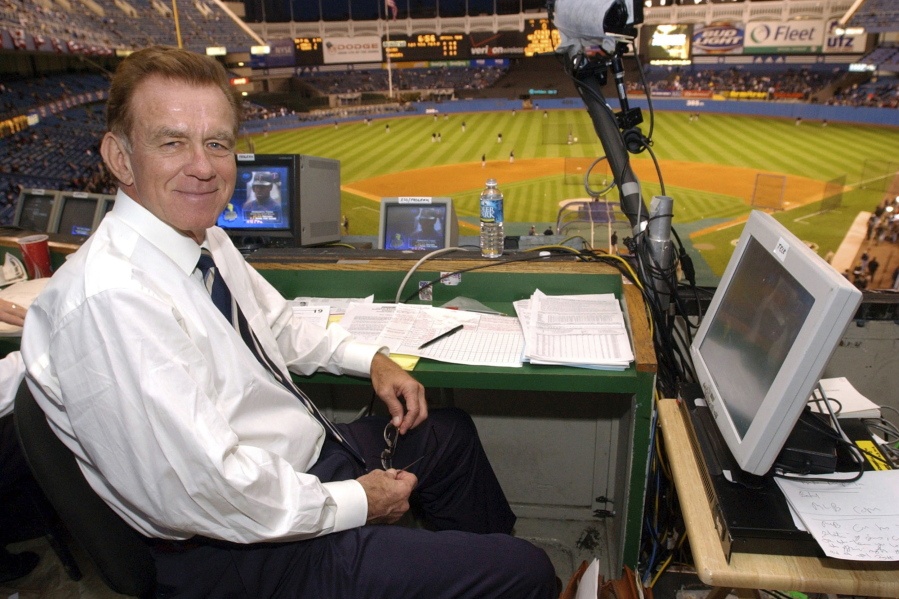 FILE -  Baseball announcer Tim McCarver poses in the press box before the start of Game 2 of the American League Division Series on Oct. 2, 2003 in New York. McCarver, the All-Star catcher and Hall of Fame broadcaster who during 60 years in baseball won two World Series titles with the St. Louis Cardinals and had a long run as the one of the country's most recognized, incisive and talkative television commentators, died Thursday morning, Feb. 16, 2023, in Memphis, Tenn., due to heart failure, baseball Hall of Fame announced. He was 81.