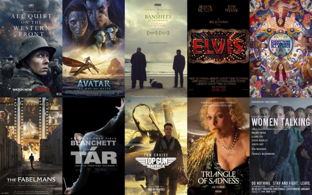 This combination of photos shows promotional art for Oscar nominees for best feature, top row from left, "All Quiet on the Western Front," "Avatar: The Way of Water," "The Banshees of Inisherin," "Elvis," "Everything Everywhere All at Once," bottom row from left, "The Fabelmans," "T?r," "Top Gun: Maverick," "Triangle of Sadness," and "Women Talking." (Netflix/Disney/Searchlight/Warner Bros./A24/Universal/Focus/Paramount/Neon/Orion-United Artists via AP)