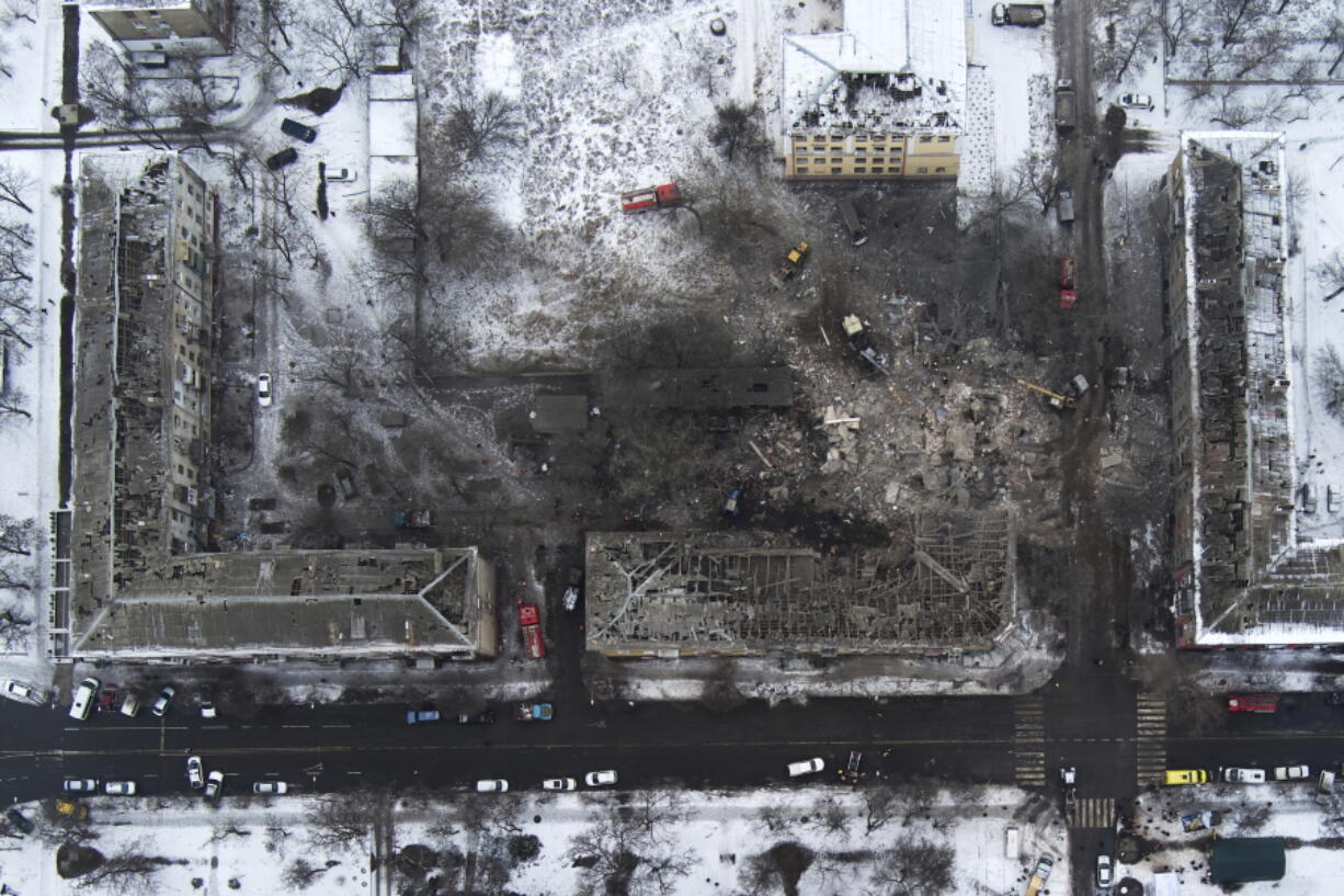 An aerial view of apartment buildings hit by Russian rockets in Kramatorsk, Ukraine, Thursday, Feb. 2, 2023.
