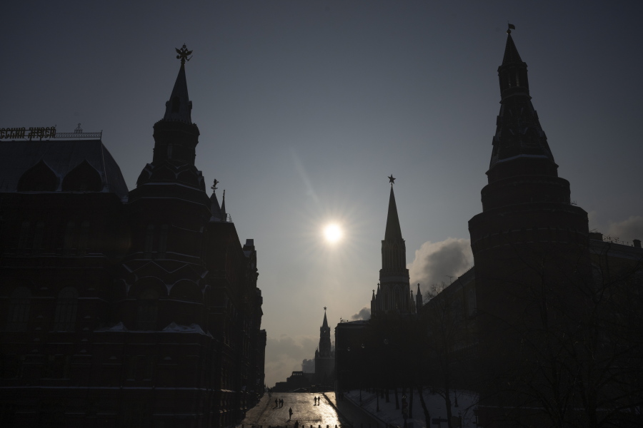 FILE - A virtually empty Red Square closed for security reasons prior to Russian President Vladimir Putin's annual state of the nation address, is seen between the Historical Museum, left, and the Kremlin Wall, right, in Moscow, Feb. 21, 2023. U.S. officials say Russia is now the most sanctioned country in the world. But as the war nears its one-year mark, it's clear the sanctions didn't pack the instantaneous punch that many had hoped.