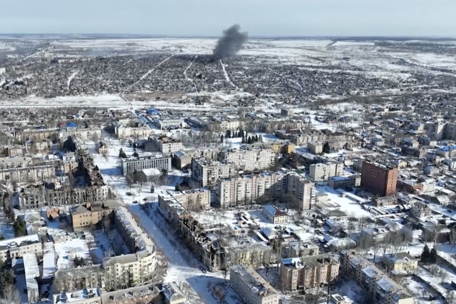 New video footage of Bakhmut shot from the air with a drone for The Associated Press shows how the longest battle of the year-long Russian invasion has turned the city of salt and gypsum mines in eastern Ukraine into a ghost town. The footage was shot Feb. 13. From the air, the scale of destruction becomes plain to see. Entire rows of apartment blocks have been gutted, just the outer walls left standing and the roofs and interior floors gone, exposing the ruins' innards to the snow and winter frost - and the drone's prying eye.