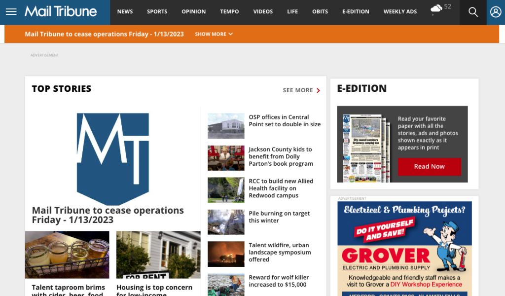 The Medford Mail Tribune ceased operations on Jan. 13, though the website it still in operations.