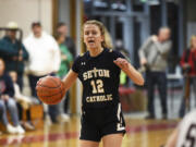 Anna Mooney of Seton Catholic yells out instructions to teammates during the Class 1A District 4 girls basketball championship game against Montesano at Castle Rock High School on Friday, Feb. 17, 2023.