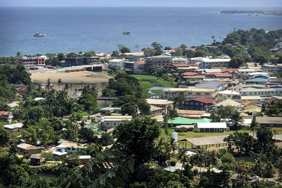 FILE - Ships are docked offshore in Honiara, the capital of the Solomon Islands, Nov. 24, 2018. The United States opened an embassy in the Solomon Islands on Thursday in its latest move to counter China's push into the Pacific.
