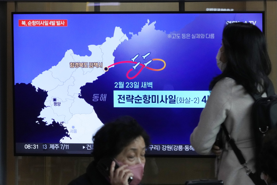 A TV screen displayed at the Seoul Railway Station in Seoul, South Korea, shows a news program reporting on North Korea's missile launch Friday, Feb. 24, 2023. North Korea on Friday said it test-fired long-range cruise missiles in waters off its eastern coast a day earlier, adding to a provocative streak in weapons demonstrations as its rivals step up military training.