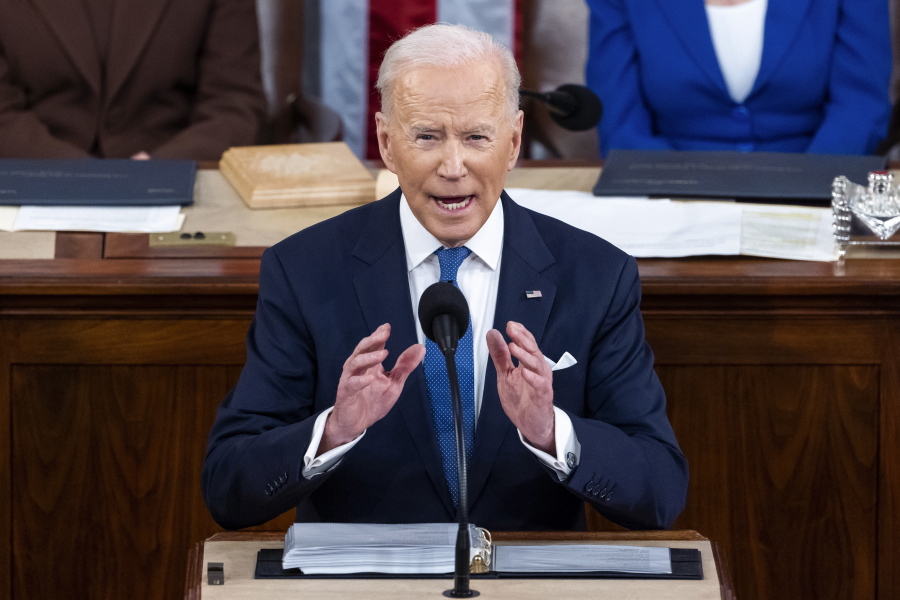 FILE - President Joe Biden delivers his first State of the Union address to a joint session of Congress at the Capitol, March 1, 2022, in Washington.