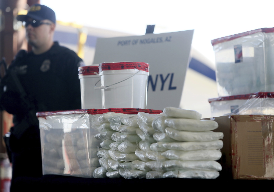 FILE - A display of the fentanyl and meth that was seized by U.S. Customs and Border Protection officers at the Nogales Port of Entry is shown during a press conference, Jan. 31, 2019, in Nogales, Ariz. On Tuesday, Feb. 7, President Joe Biden faced harsh rebukes from multiple angles as he spoke during his State of the Union address about trying to contain a drug overdose crisis driven by powerful illicit synthetic opioids like fentanyl, that has been killing more than 100,000 people a year in the U.S.