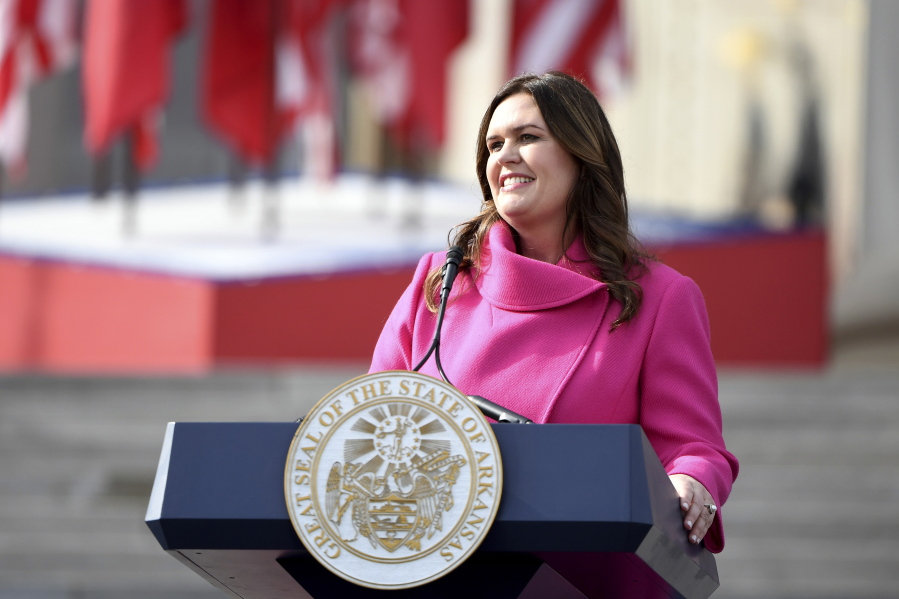 FILE - Arkansas Gov. Sarah Huckabee Sanders speaks after taking the oath of the Jan. 10, 2023, in Little Rock, Ark. Huckabee Sanders is set to return to the national stage when she delivers the Republican response to President Joe Biden's State of the Union address on Feb. 7.
