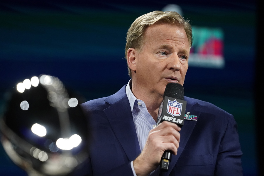 NFL Commissioner Roger Goodell speaks during a news conference ahead of the Super Bowl 57 NFL football game, Wednesday, Feb. 8, 2023, in Phoenix. The Kansas City Chiefs will play the Philadelphia Eagles on Sunday.