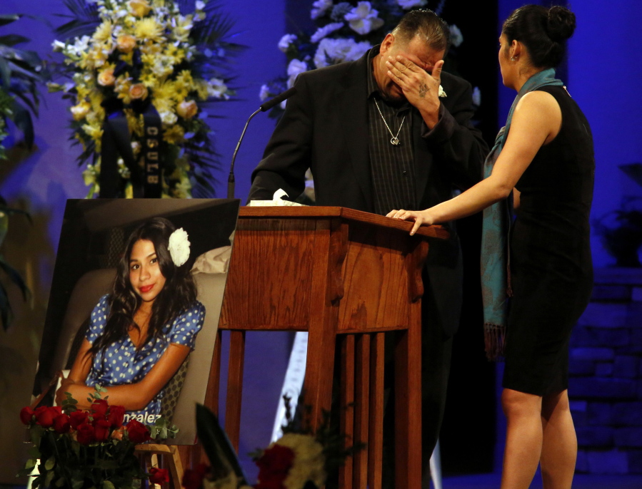 FILE - Reynaldo Gonzalez cries while remembering his daughter Nohemi Gonzalez, who was killed by Islamic State gunmen in Paris, at her funeral at the Calvary Chapel in Downey, Calif., Dec. 4, 2015. A lawsuit against YouTube from the family of Nohemi Gonzalez is at the center of a closely watched Supreme Court case being argued Tuesday, Feb. 21, 2023.