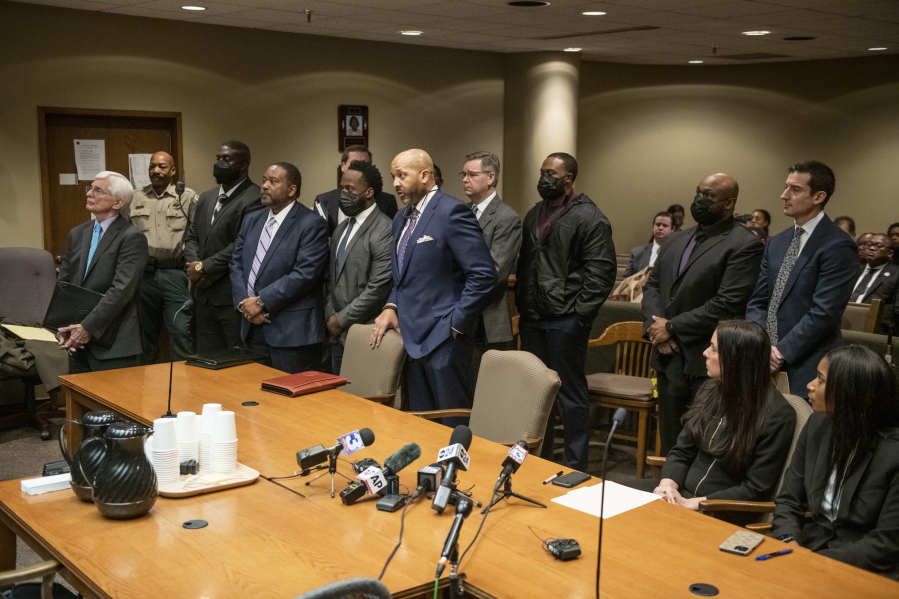 The former Memphis police officers accused of murder in the death of Tyre Nichols appear with their attorneys at an indictment hearing at the Shelby County Criminal Justice Center Friday, Feb. 17, 2023, in Memphis, Tenn.