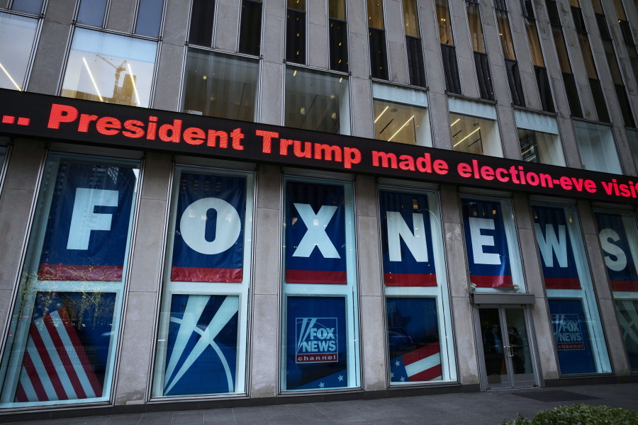 FILE - A headline about President Donald Trump is displayed outside Fox News studios, on Nov. 28, 2018, in New York. Attorneys for the cable news giant argued in a counterclaim unsealed, Thursday, Feb. 16, 2023, that a $1.6 billion defamation lawsuit against Fox News by Dominion Voting Systems over the network's coverage of the 2020 presidential election is an assault on the First Amendment.
