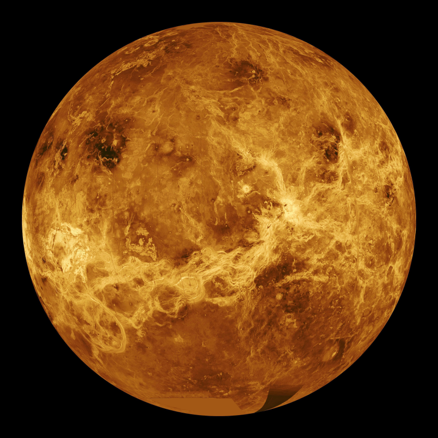 NASA/JPL-Caltech via AP 
 This composite image from Magellan and Pioneer Venus Orbiter spacecraft emphasizes that planet Venus, while roughly the same size as Earth, is dramatically different. Temperatures there can reach 900 degrees Fahrenheit. (NASA/JPL-CalTech/SwRI/MSSS)