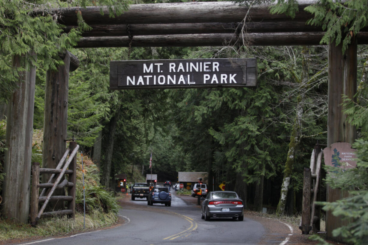The west entrance to Mount Rainier National Park is shown Jan. 1, 2012. (AP Photo/Ted S.