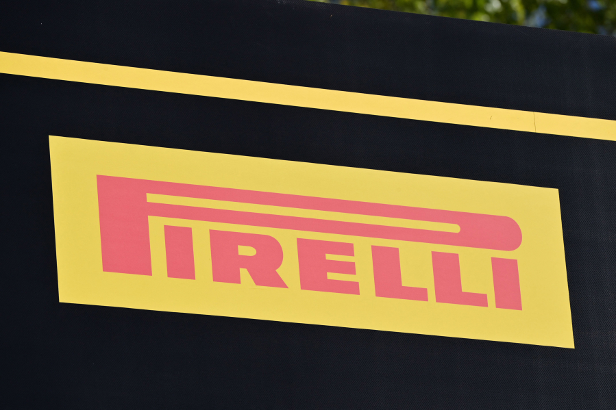 The logo for Pirelli tire is pictured at the Autodromo Internazionale Enzo e Dino Ferrari race track in Imola, Italy, on April 23, 2022, ahead of the Formula One Emilia Romagna Grand Prix.