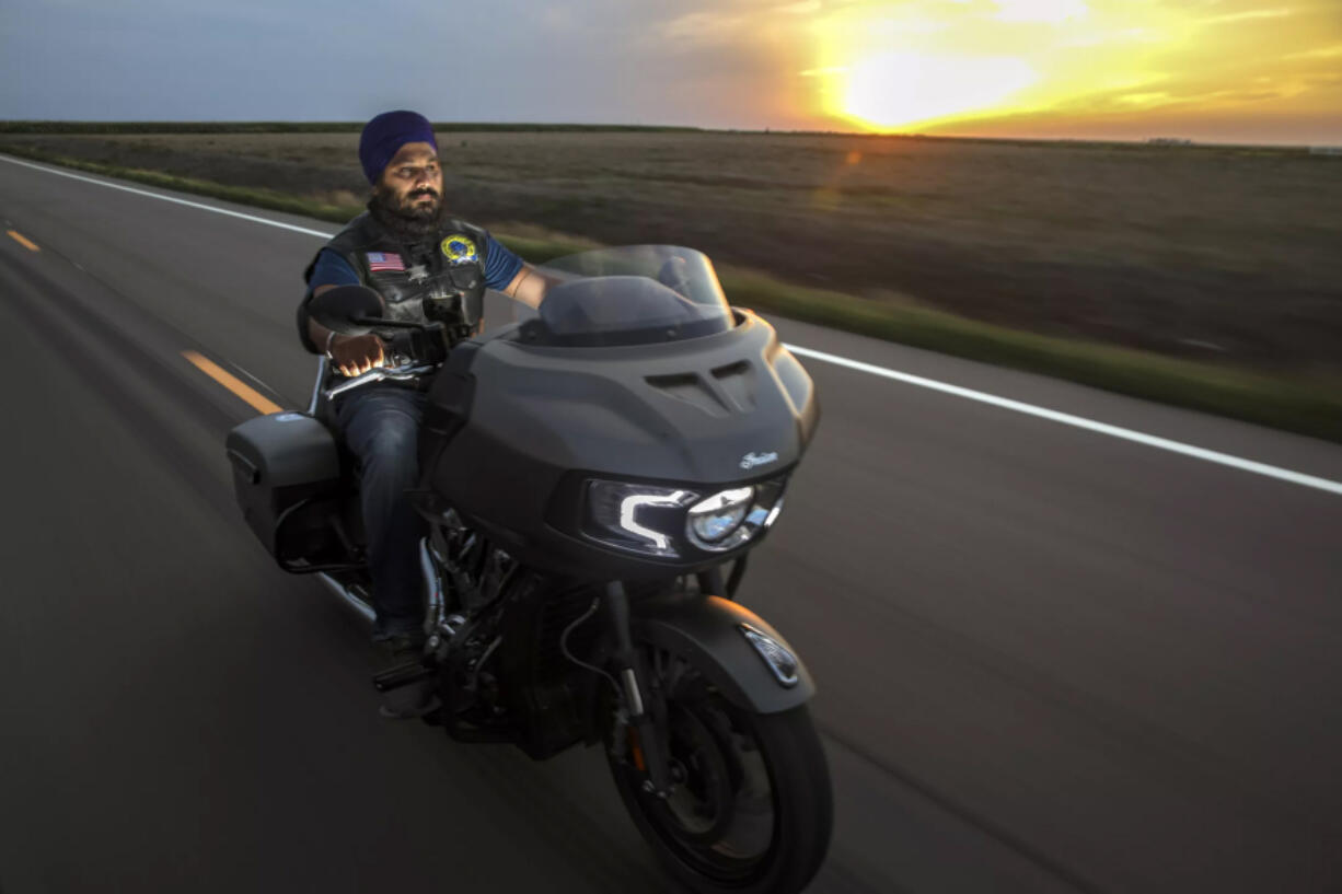 Gurdeep Singh Saggu a member of Sikh Motorcycle Club USA, outside Garden City, Kansas.