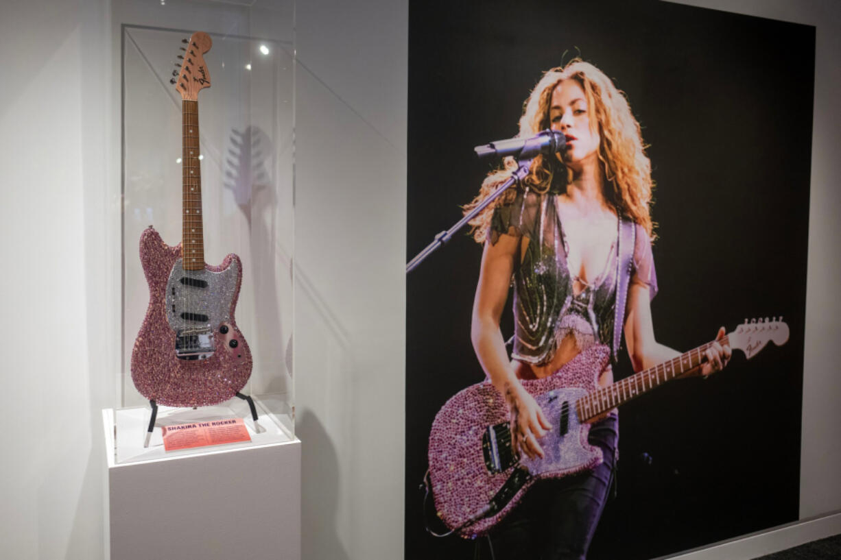 The new Shakira exhibition at the Grammy Museum in Los Angeles on March 3. The exhibit, which runs through February 2024, is on display in the museum's permanent Latin Music Gallery.
