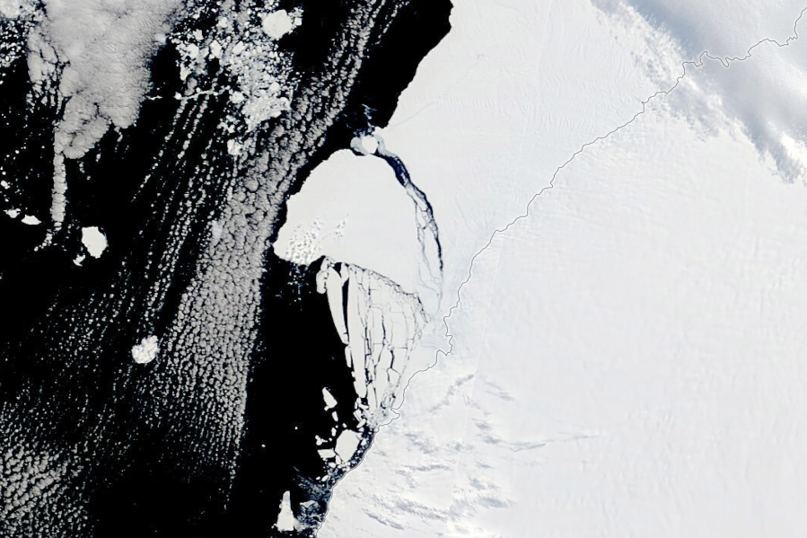 This satellite image from Jan. 24 shows a huge iceberg the size of Greater London that has broken off from the Antarctic.