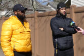 Family members Kendrick Taylor, 38, left, and Miguel Melendez, 24, both of Vancouver, speak with media Tuesday afternoon about missing mother and daughter, Meshay Melendez and Layla Stewart.