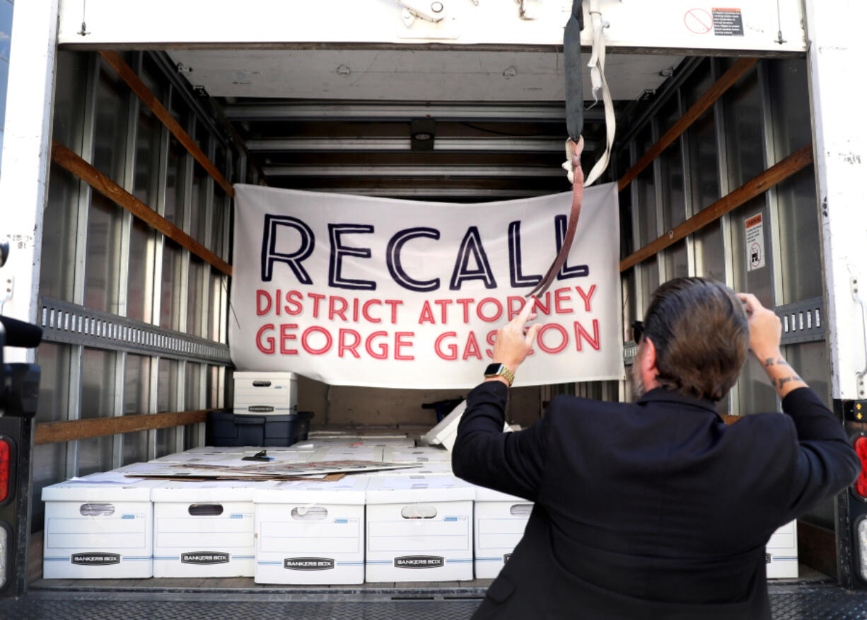 A truck arrives with more than 700,000 petition signatures in an effort to recall Los Angeles County District Attorney George Gascon to be submitted to the County of Los Angeles Registrar Recorder/County Clerk office on July 6, 2022, in Norwalk, California.