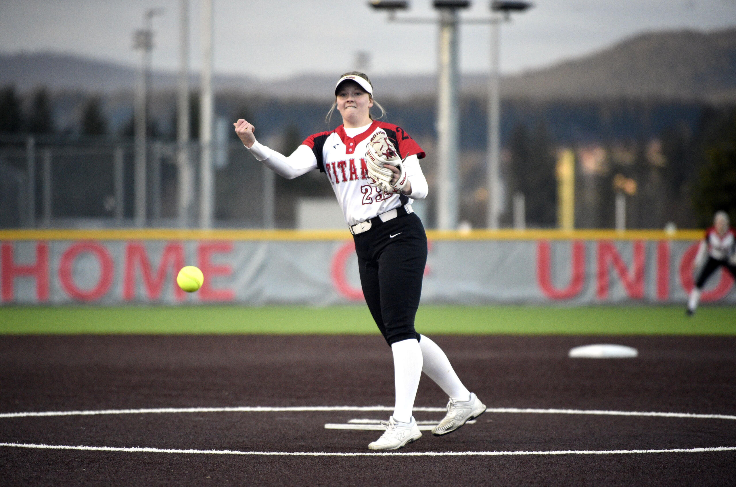 Union’s McKinley Ermshar releases a pitch against Battle Ground on Wednesday, March 29, 2023, at Union High School.