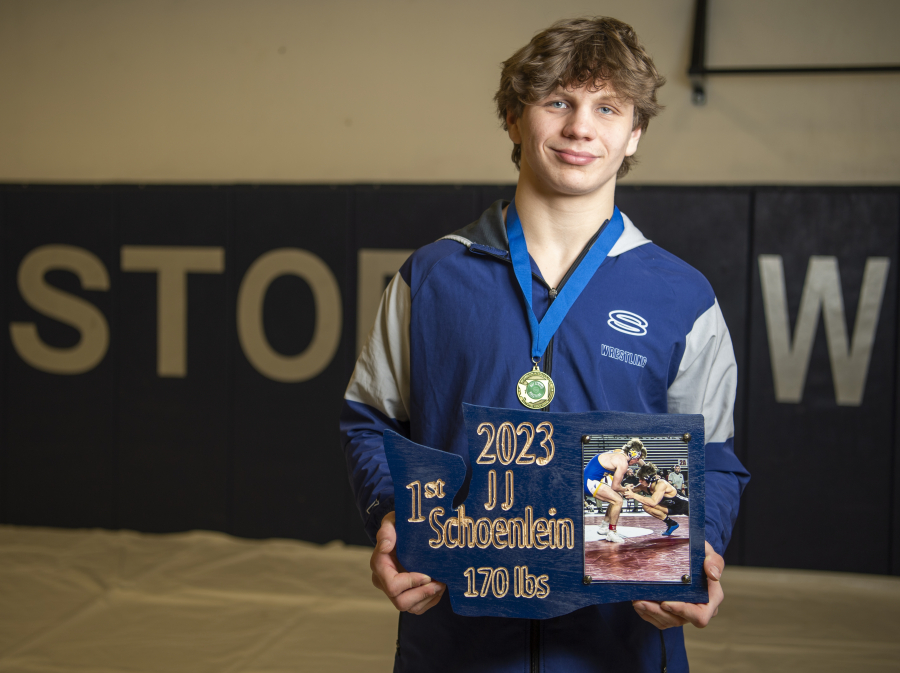 *LEADOPTION* Skyview sophomore JJ Schoenlein stands for a portrait Tuesday, Feb. 28, 2023, at Skyview High School. Schoenlein recently won the 4A state championship at 170 pounds and is The Columbian???s All-Region boys wrestler of the year.