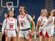 Camas sophomore forward Kendall Mairs celebrates victory after a Class 4A State quarterfinal game on Thursday, March 2, 2023, at the Tacoma Dome.