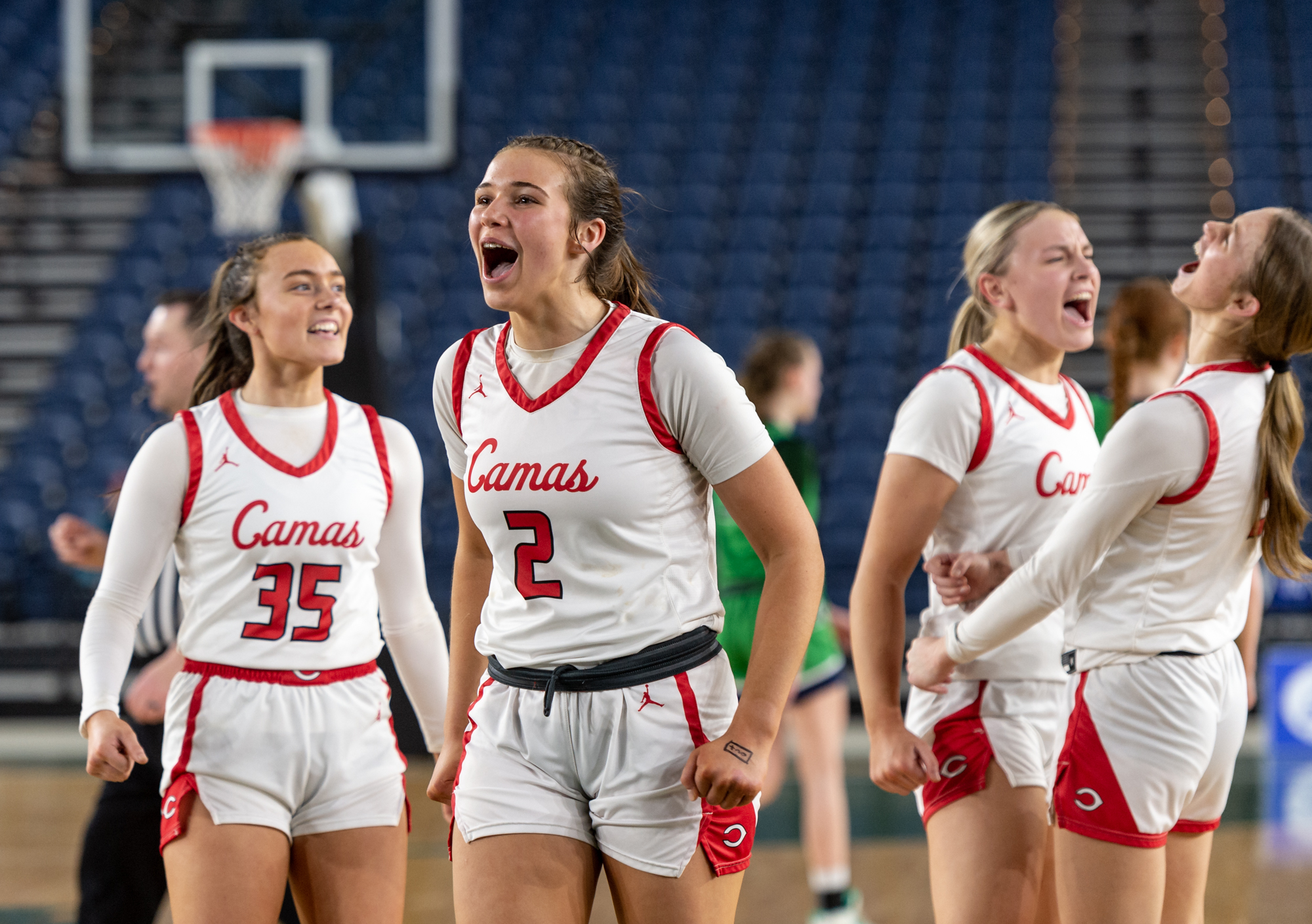Camas sophomore forward Kendall Mairs celebrates victory after a Class 4A State quarterfinal game on Thursday, March 2, 2023, at the Tacoma Dome.