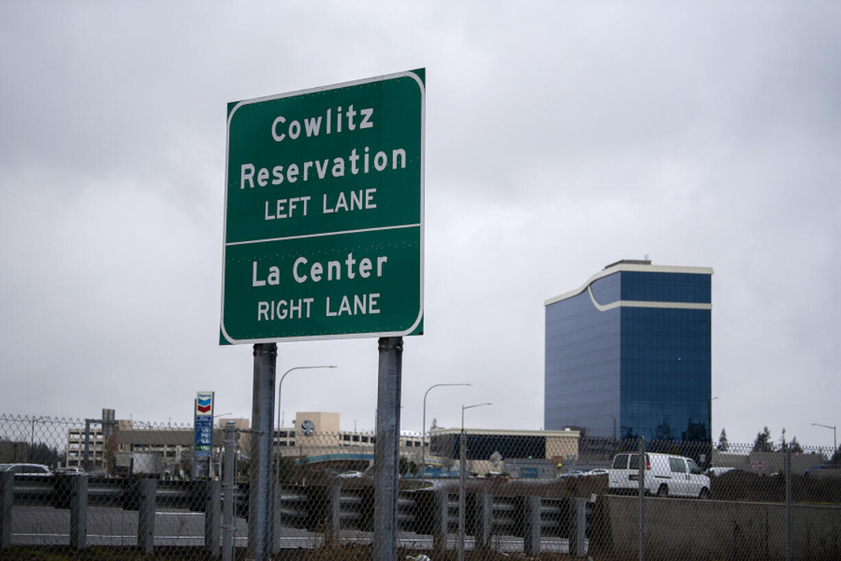 Cars and trucks travel past the upgraded La Center junction on Interstate 5. The upgrades were paid for by the Cowlitz Indian Tribe.