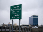 Cars and trucks travel past the upgraded La Center junction on Interstate 5. The upgrades were paid for by the Cowlitz Indian Tribe.