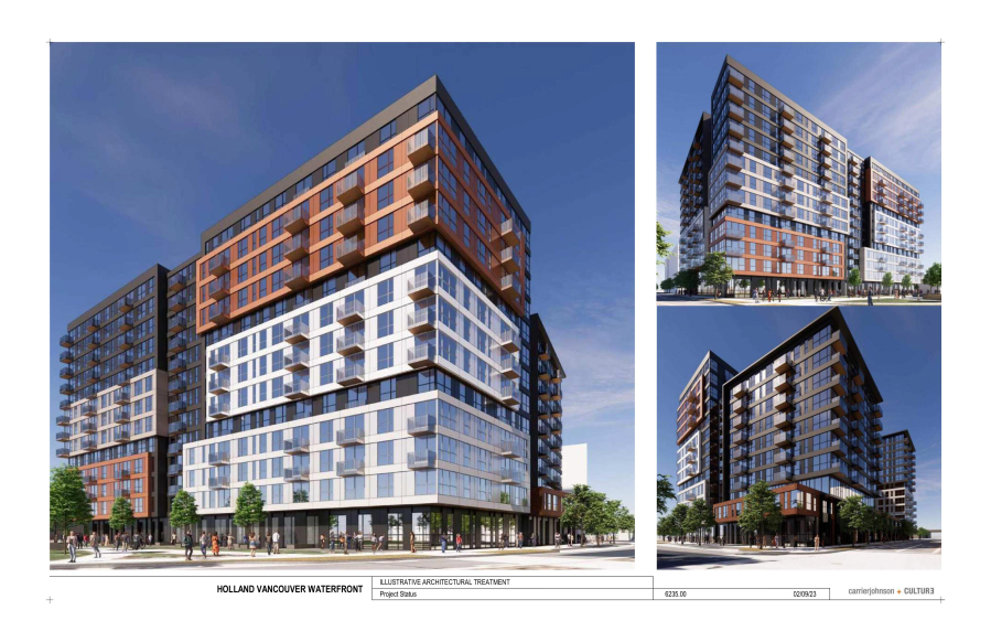 Two mixed-use concepts are being considered for Waterfront Vancouver's Block 11 site. This high-rise option would incorporate more units and more underground parking than the mid-rise option.