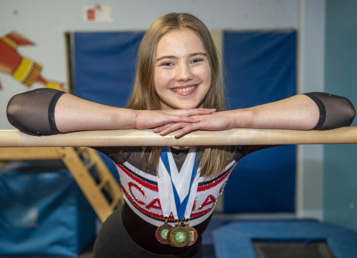 Camas junior Madi Williams stands for a portrait Thursday, March 2, 2023, at Vancouver Elite Gymnastics Academy. Williams is The Columbian's All-Region gymnast of the year.