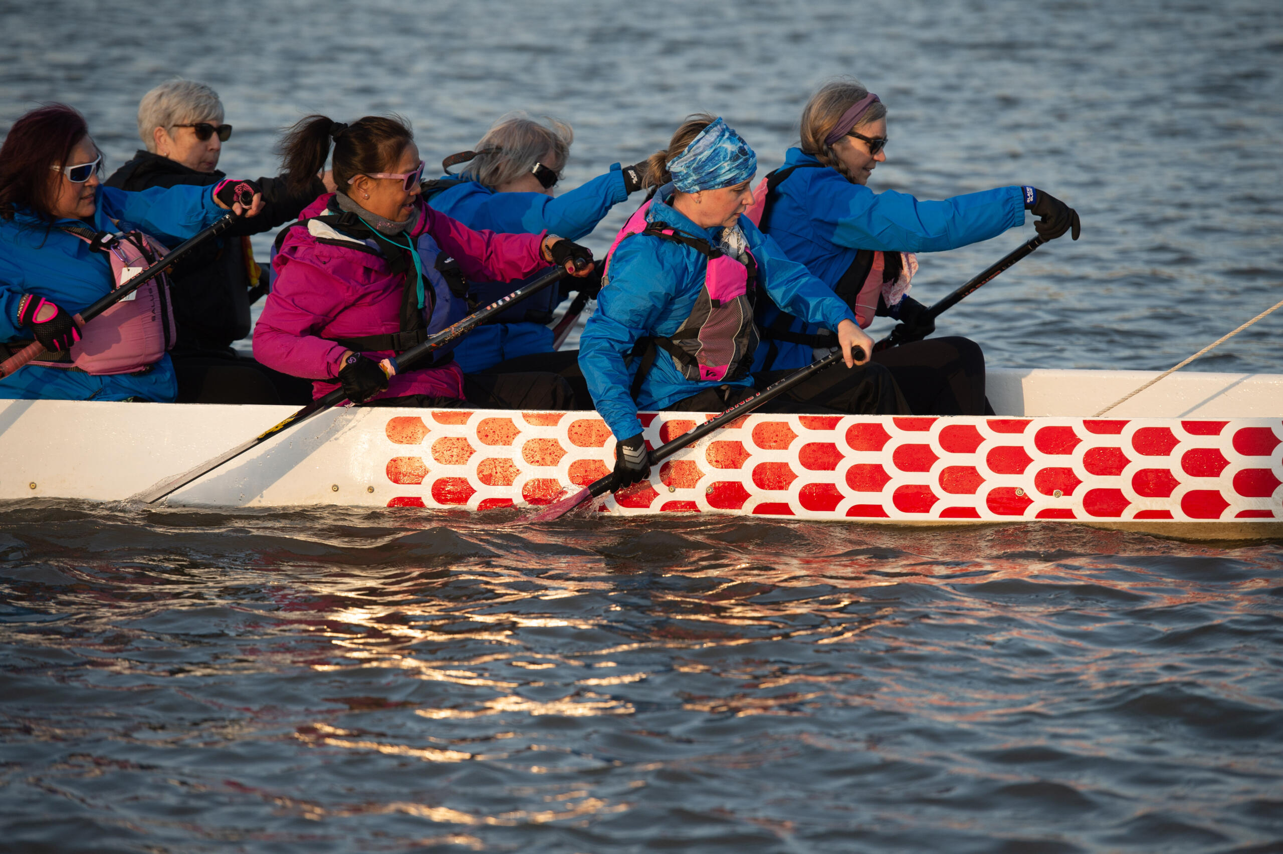 A group of NW women battling breat cancer train for dragon boat races on the Willamette River. The group will be one of several travelling to New Zealand for a dragon boating convention.