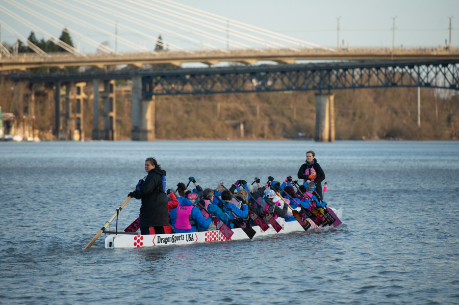 Members of the Pacific Northwest Pink Lemonade dragon boat team train on the Willamette River. The group will be one of several travelling to New Zealand for a dragon boating convention.