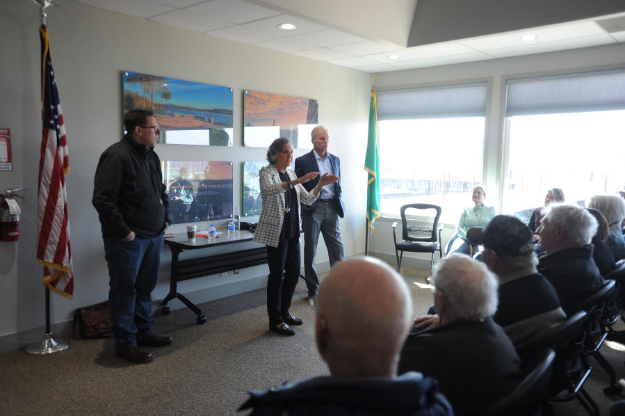 State legislators, from left, Rep. Kevin Waters, Sen. Lynda Wilson and Rep. Paul Harris from the 17th District answered question about the legislative session during a town hall meeting Saturday at the Port of Camas-Washougal.