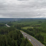 Interstate 5 slicing through dense woods near Castle Rock in Cowlitz County, as seen from a drone shot taken from a Toutle River rest area. The area could host wildlife crossings, connecting habitats between the Cascade Mountains and Olympic Peninsula. (Photo contributed by Washington State Department of Transportation)