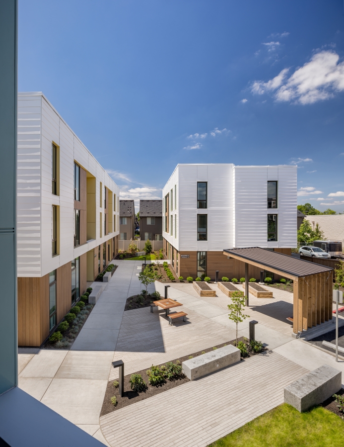 The Meridian, a 46-unit permanent supportive housing complex in Vancouver's Ogden neighborhood, opened last summer for people exiting homelessness. Residents are encouraged, but not required, to use its on-site services.