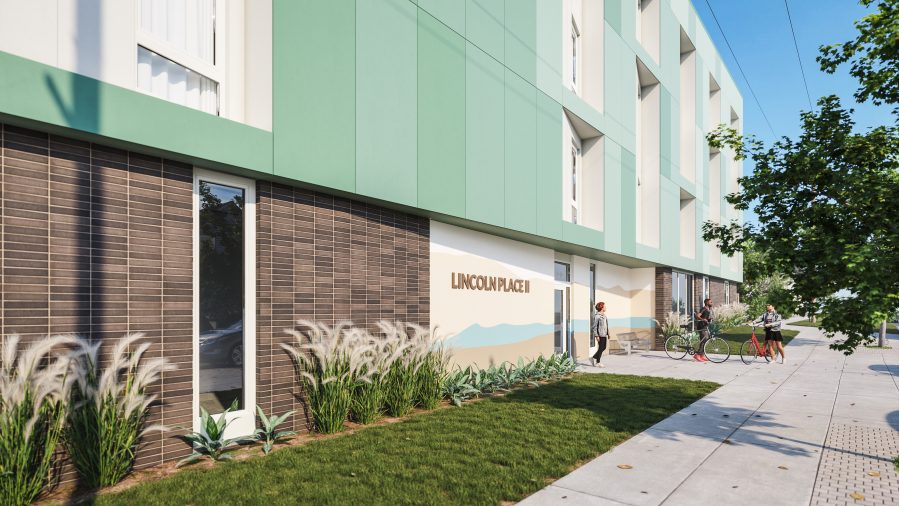 A rendering of Lincoln Place II, a permanent supportive housing complex being designed by Access Architecture, has floor-to-ceiling windows, muted natural colors and a brick exterior on the ground floor to create a calming atmosphere for people exiting homelessness.