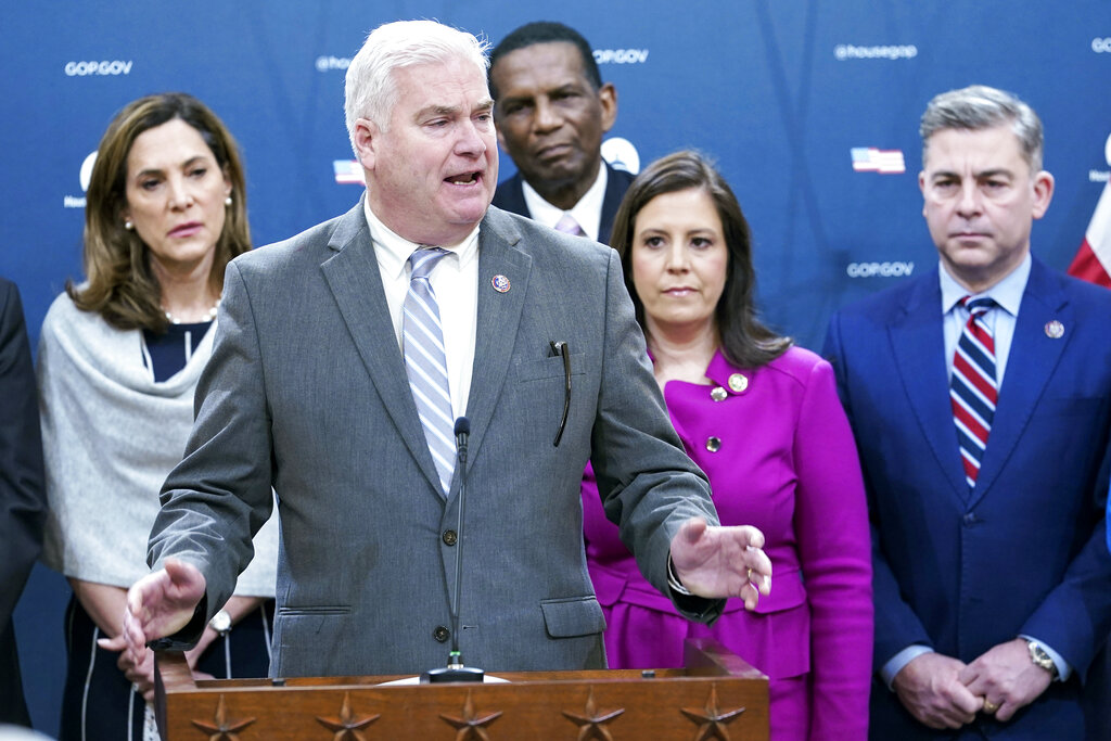 Majority Whip Rep. Tom Emmer, R-Minn., center, speaks during a press conference with House Republican Leaders, on Capitol Hill in Washington, Tuesday, Feb.