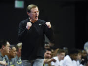 Oregon head coach Dana Altman and his Ducks are moving on to the second round of the NIT after being UC Irvine 84-58 on Wednesday, March 15, 2023, at Eugene, Ore.