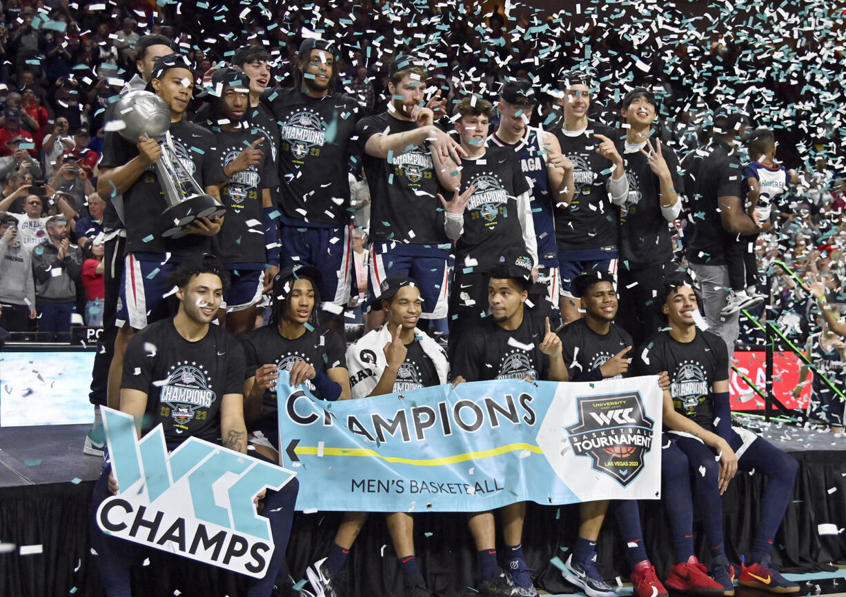 Gonzaga celebrates after the team defeated Saint Mary's in an NCAA college basketball game in the finals of the West Coast Conference men's tournament Tuesday, March 7, 2023, in Las Vegas.