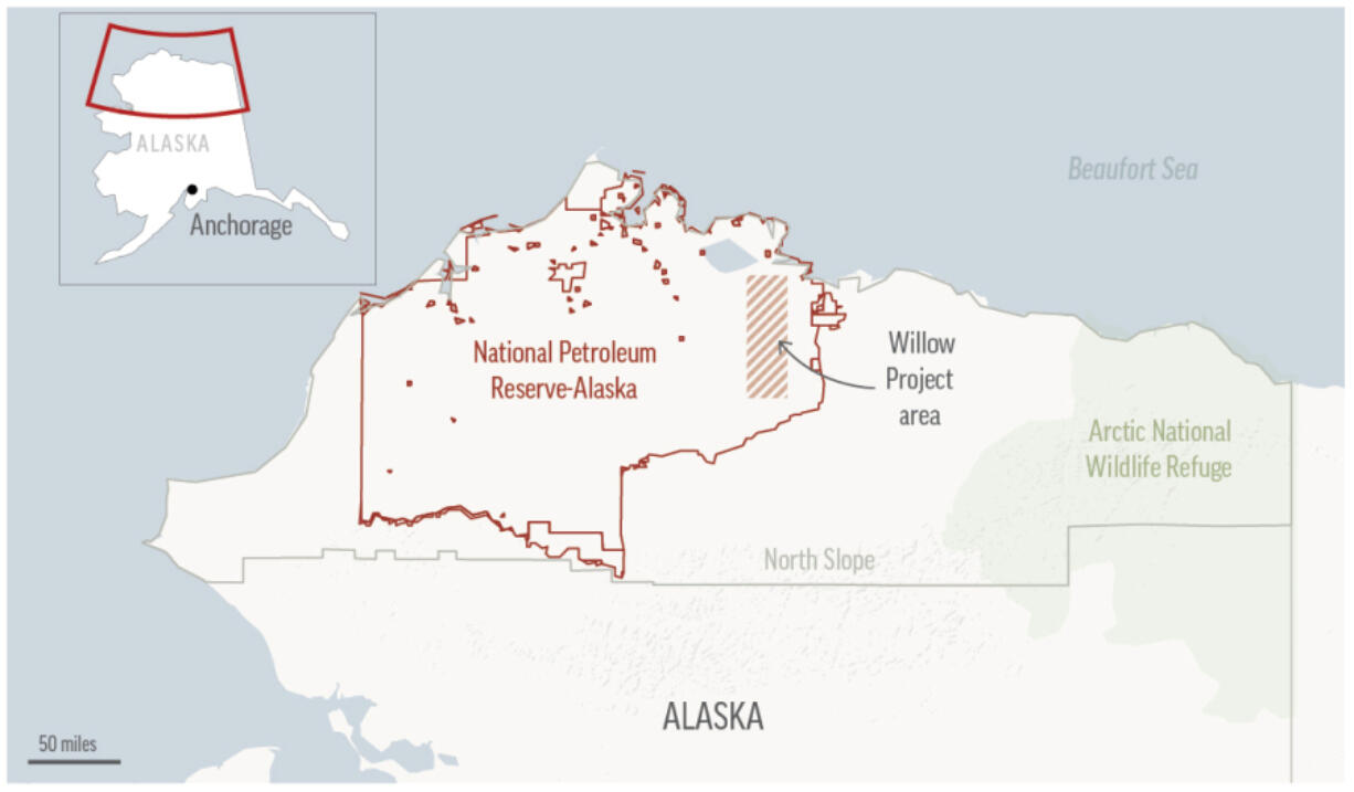 Map locates the Willow oil-drilling project in Alaska's Western Arctic, which the Biden administration approved March 13.