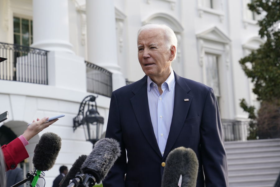 President Joe Biden talks with reporters on the South Lawn of the White House in Washington, Friday, March 31, 2023 before boarding Marine One. Biden is heading to Mississippi to survey damage from a recent tornado.