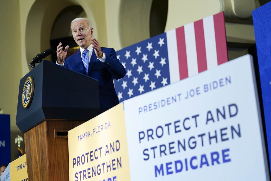 FILE - President Joe Biden speaks about his administration's plans to protect Social Security and Medicare and lower healthcare costs, Feb. 9, 2023, at the University of Tampa in Tampa, Fla.