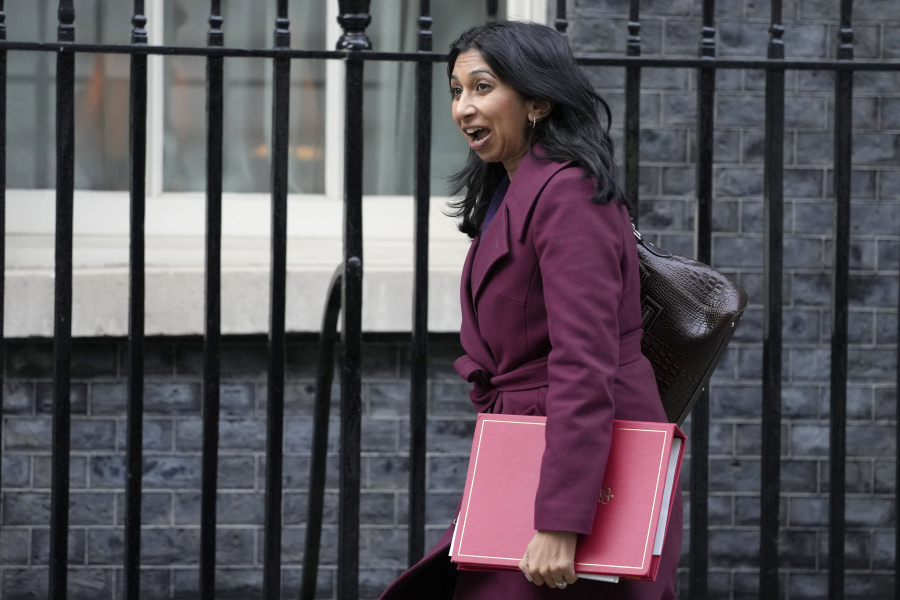 Home Secretary Suella Braverman Arrives for a cabinet meeting at Downing Street in London, Tuesday, Feb. 7, 2023.