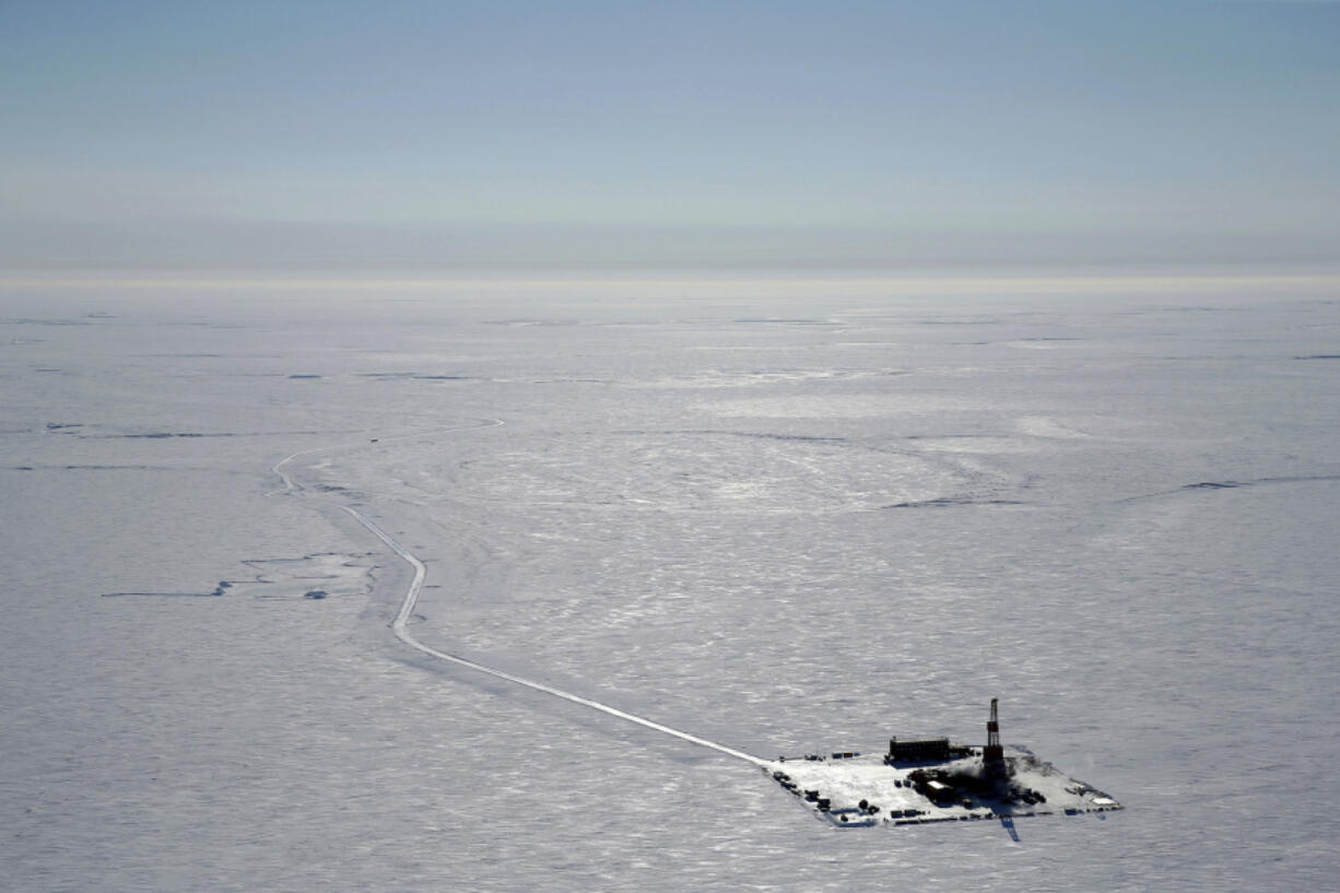 CORRECTS NUMBER OF ACRES TO 16 MILLION NOT 13 MILLION - FILE - This 2019 aerial photo provided by ConocoPhillips shows an exploratory drilling camp at the proposed site of the Willow oil project on Alaska's North Slope. President Joe Biden will prevent or limit oil drilling in 16 million acres of Alaska and the Arctic Ocean, an administration official said on Sunday, March 12, 2023. The expected announcement comes as regulators prepare to announce a final decision on the controversial Willow project.
